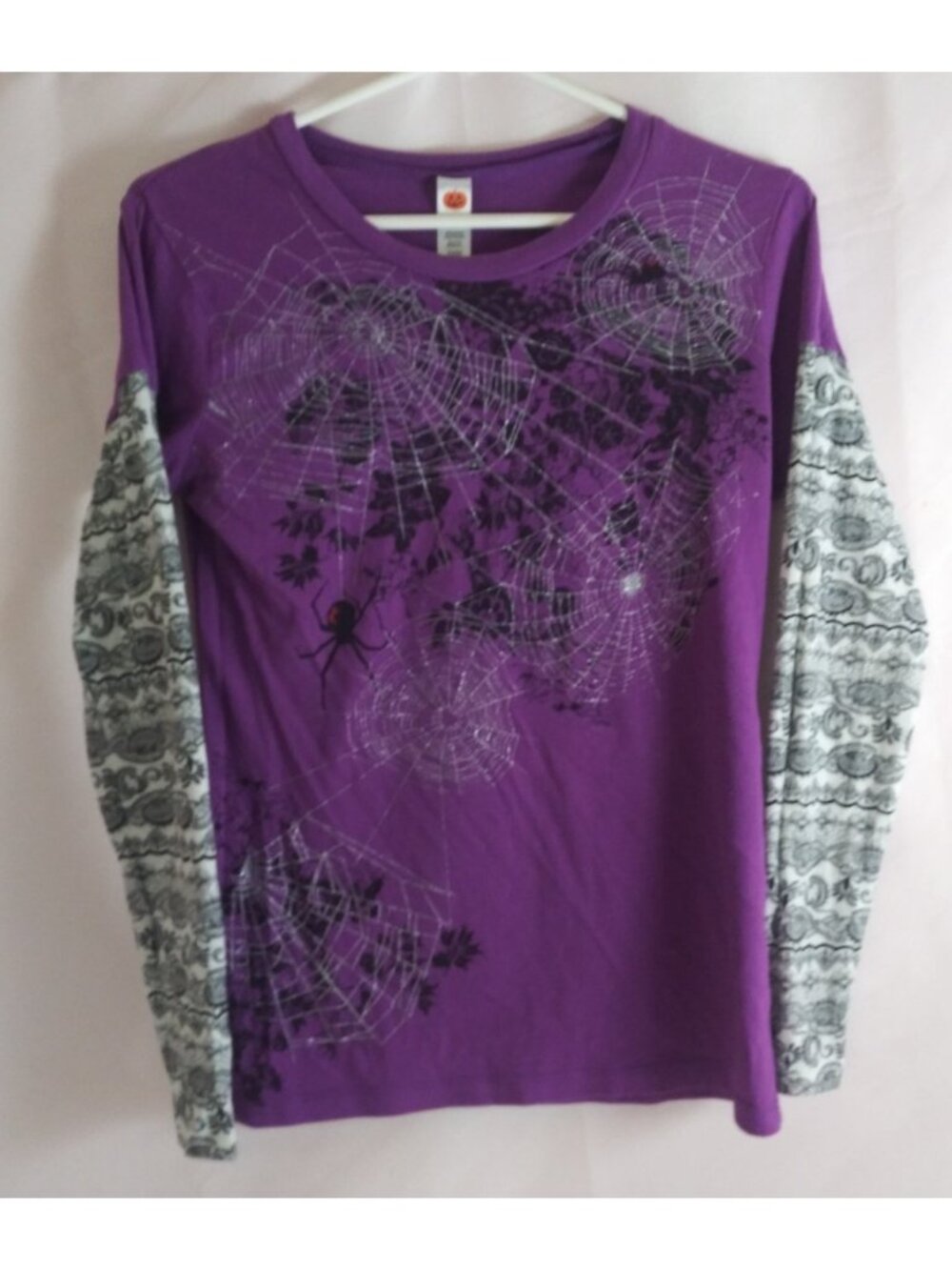 Pumpkin Patch Halloween Spooky Floral Spiderweb Metallic Shirt Girls Large 11/13
